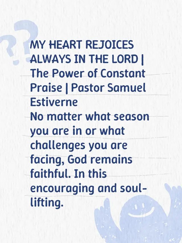 MY HEART REJOICES ALWAYS IN THE LORD | The Power of Constant Praise | Pastor Samuel Estiverne No matter what season you are in or what challenges you are facing, God remains faithful. In this encouraging and soul-lifting message, Pastor Samuel Estiverne teaches us what it means to rejoice in the Lord at all times. Praise is not only for the good days. Praise is a declaration of faith in the middle of the storm, during the waiting season, and even when you do not yet see the answer. Discover how a lifestyle of praise can shift your atmosphere, strengthen your faith, break chains of discouragement, and anchor your soul in the goodness of God. When the world tries to steal your joy, your worship becomes your victory! 📖 Key Scriptures: Psalm 34:1 — “I will bless the Lord at all times; His praise shall continually be in my mouth.”