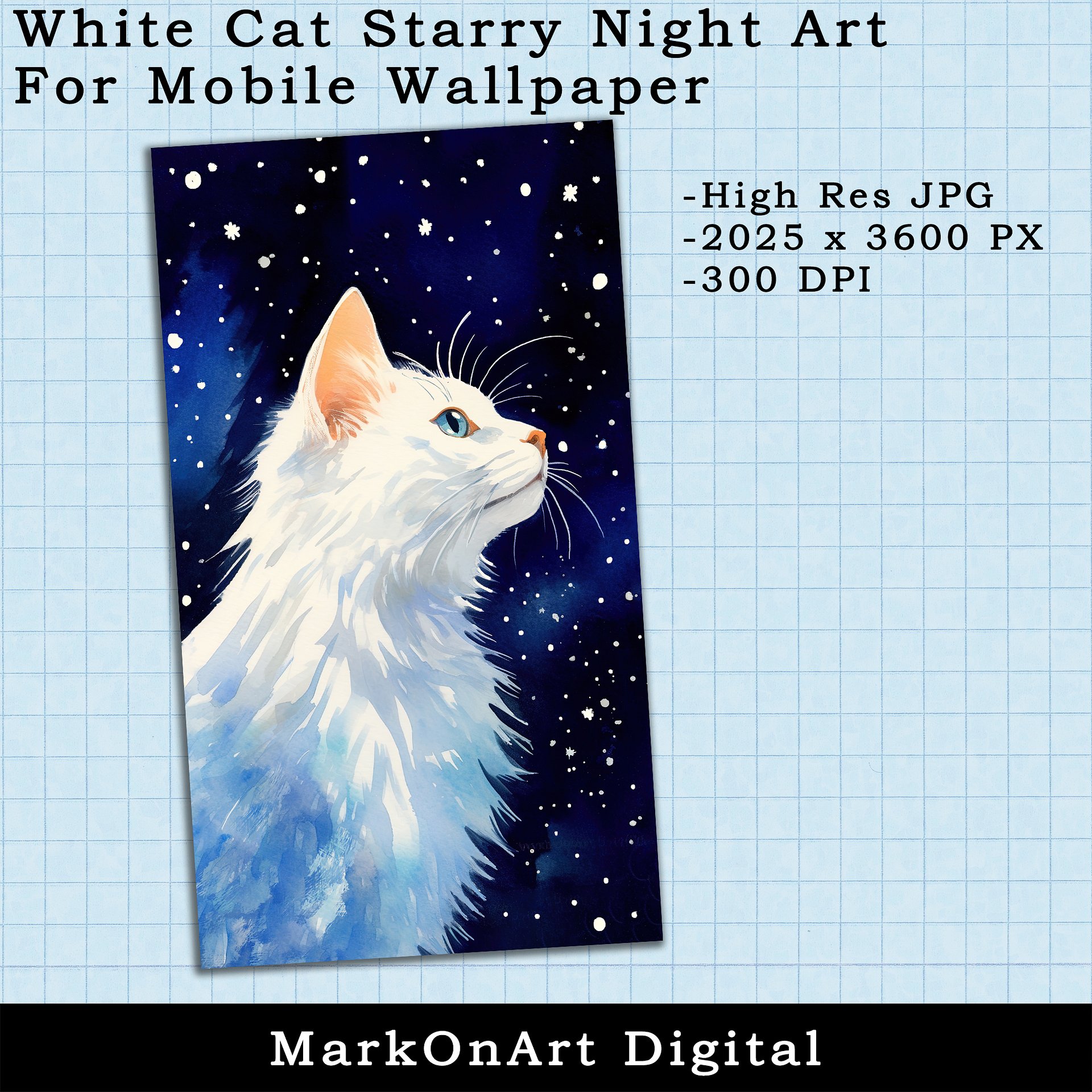 White Cat Starry Night Art For Mobile Phone Wallpaper or Lock Screen | High Res for iPhone or Android Cellphones product image (2)