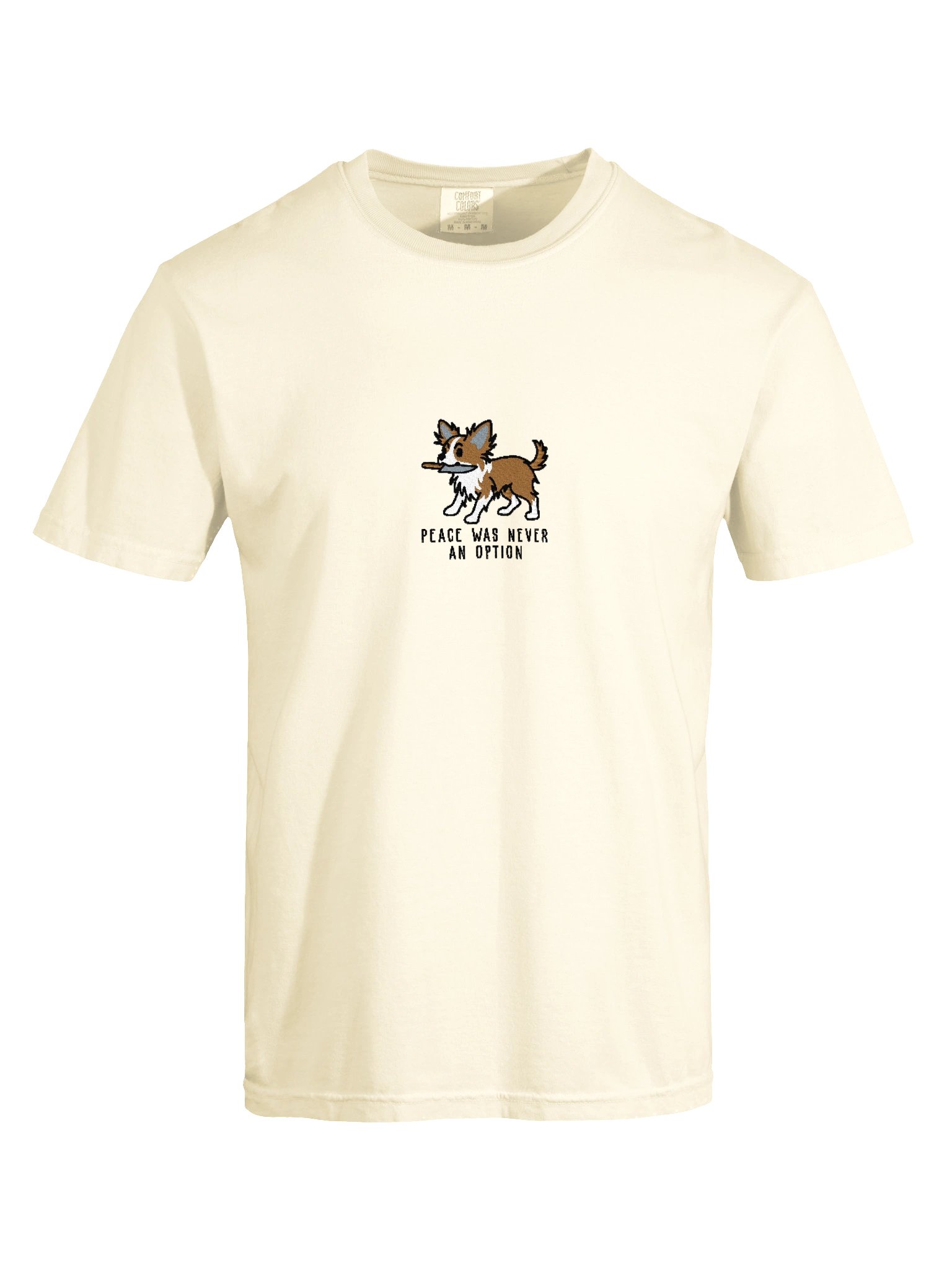 Peace Was Never an Option Funny Chibi-Style Embroidered T-Shirt for Longhaired Chihuahua(Tan & White) Owners product image (117)