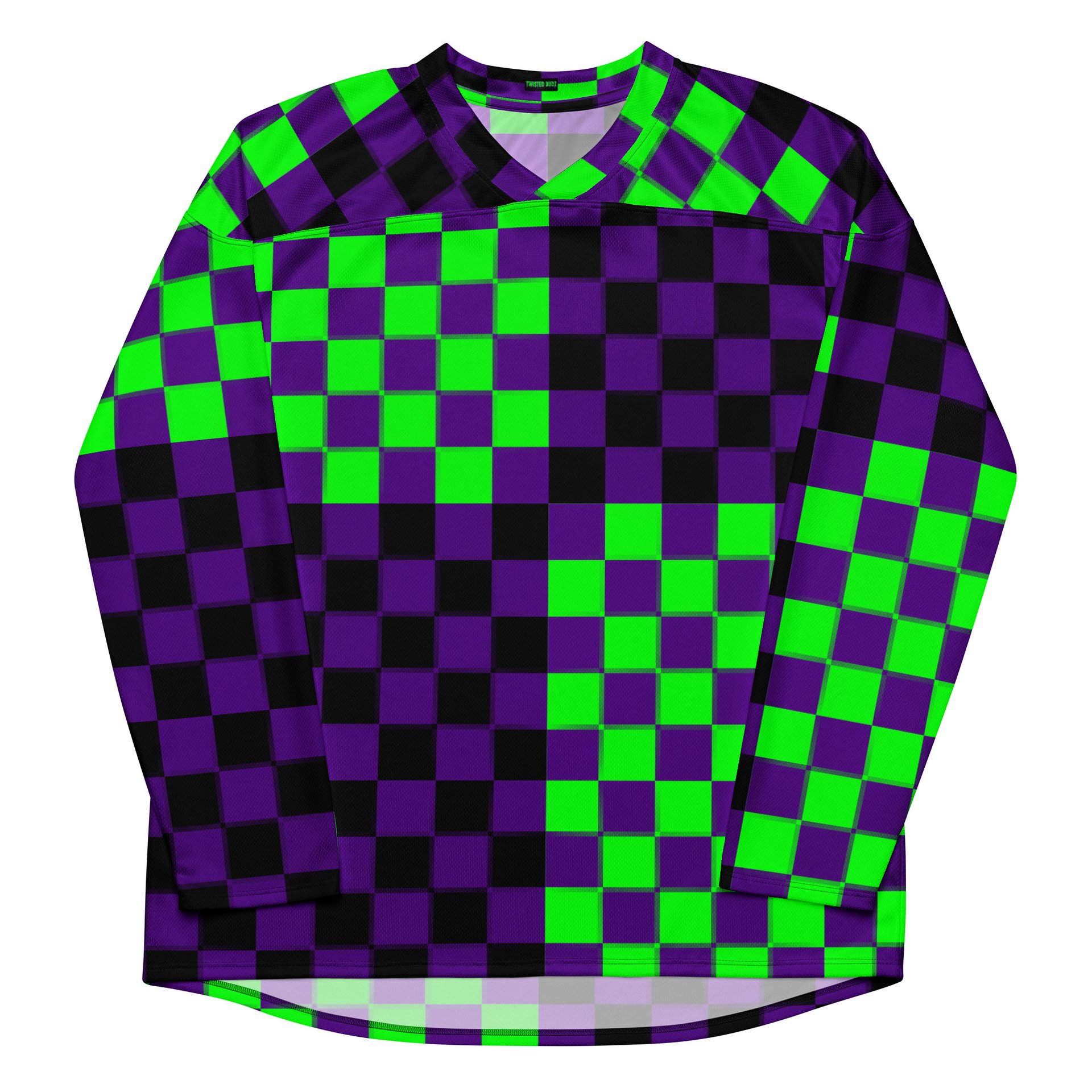 Rave Recycled Hockey Jersey, Twisted Checkers Clowncore Clothing, Silly Circus Style Fun Festival Top, Neon Green Purple Black Odd EDM Shirt product image (7)