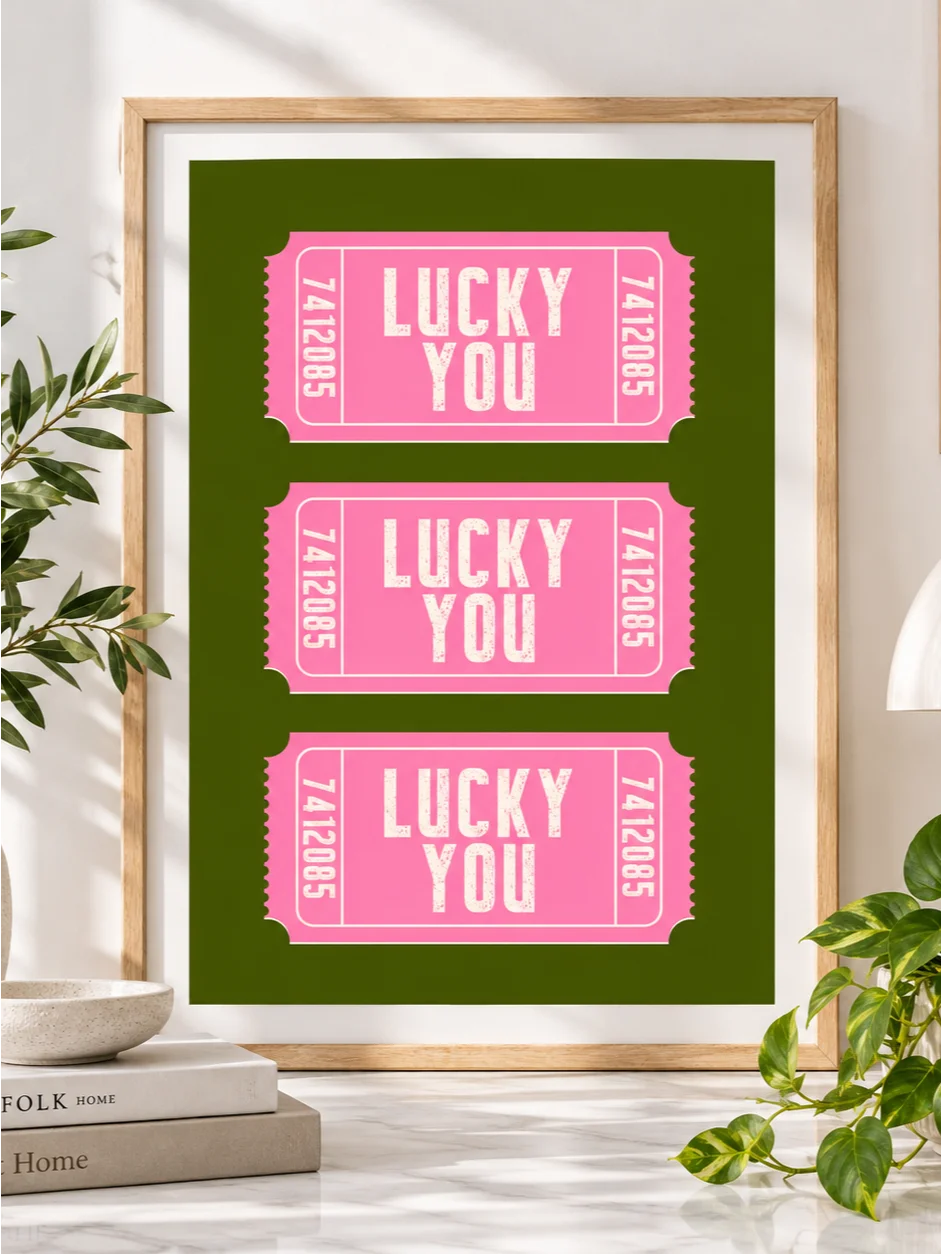 Lucky You Poster, Pink Green Ticket Wall Art, Retro Typography Print, Funky Dopamine Decor, Bright Printable Bedroom Art, Gallery Wall Print product image (9)