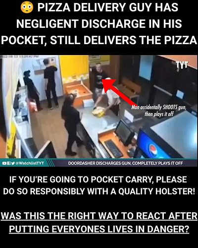 😳 SMH - A Pizza Delivery Guy is seen having a negligent discharge of his firearm in his own pocket while picking up pizza, an...