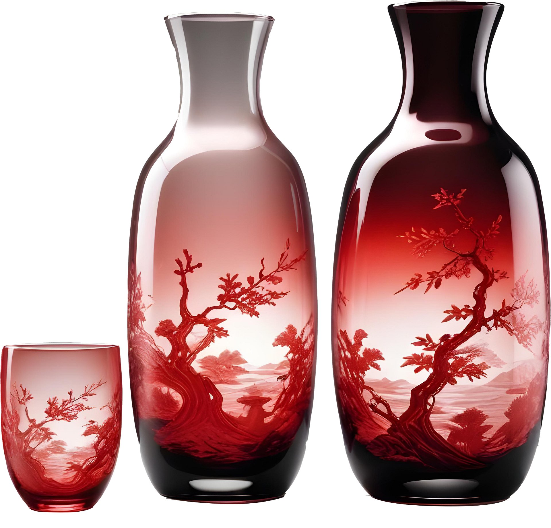 Chinese Glass Vase Set – Crimson Landscape Elegance PNG product image (1)