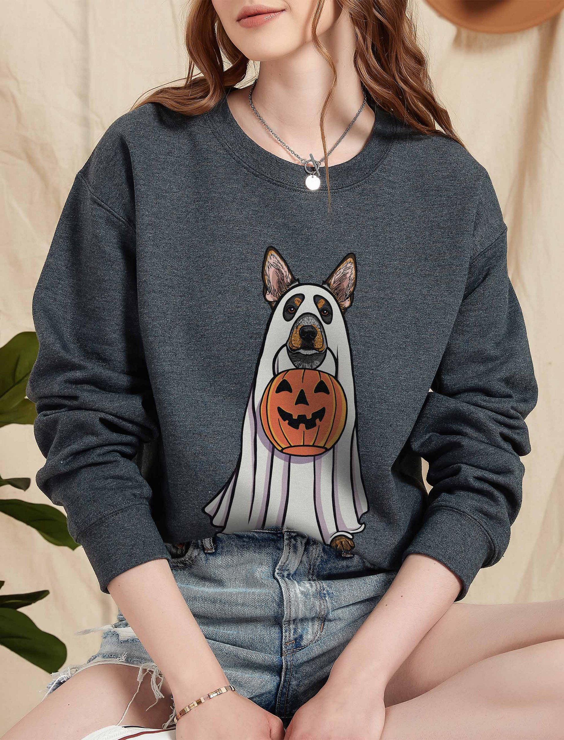 Funny Halloween Australian Cattle Dog(2) Sweatshirt | Funny Blue Heeler Wearing a Ghost Costume and Holding a Pumpkin Basket product image (2)