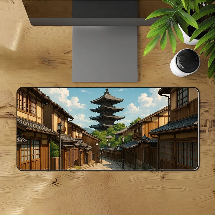 Pagoda Street District – Traditional Anime Village Desk Mat (12" x 22") product image (1)