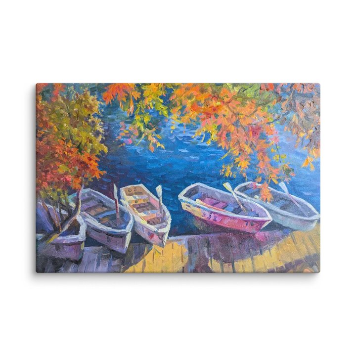 Autumn Maple Leaves and Boats on the Lake-Oil Painting Canvas Print product image (2)