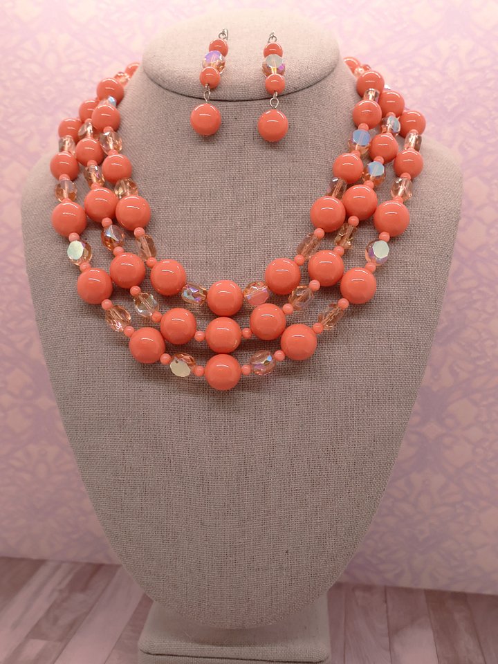 Coral Pink Three Layered Necklace with Earrings product image (1)