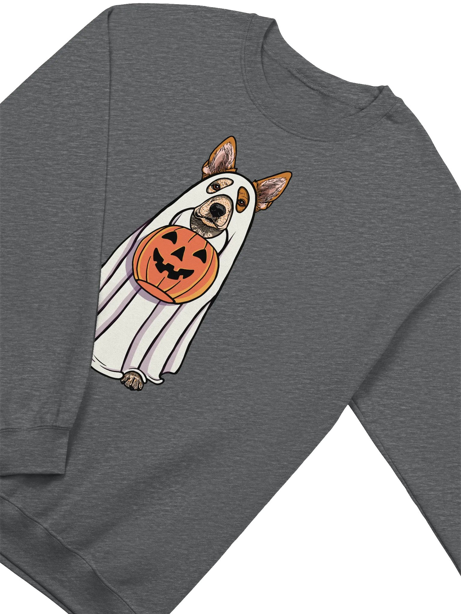 Funny Halloween Australian Cattle Dog Sweatshirt | Funny Red Heeler Wearing a Ghost Costume and Holding a Pumpkin Basket product image (4)