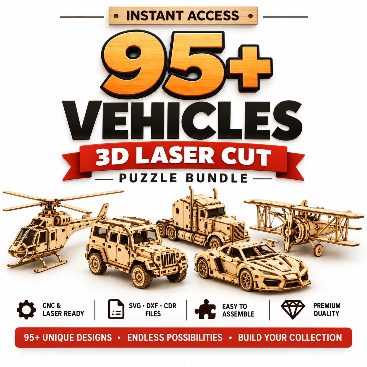 95+ 3D Vehicle Laser Cut Puzzle Bundle | SVG, DXF & CDR Files for Wood, CNC & Laser Cutting product image (1)