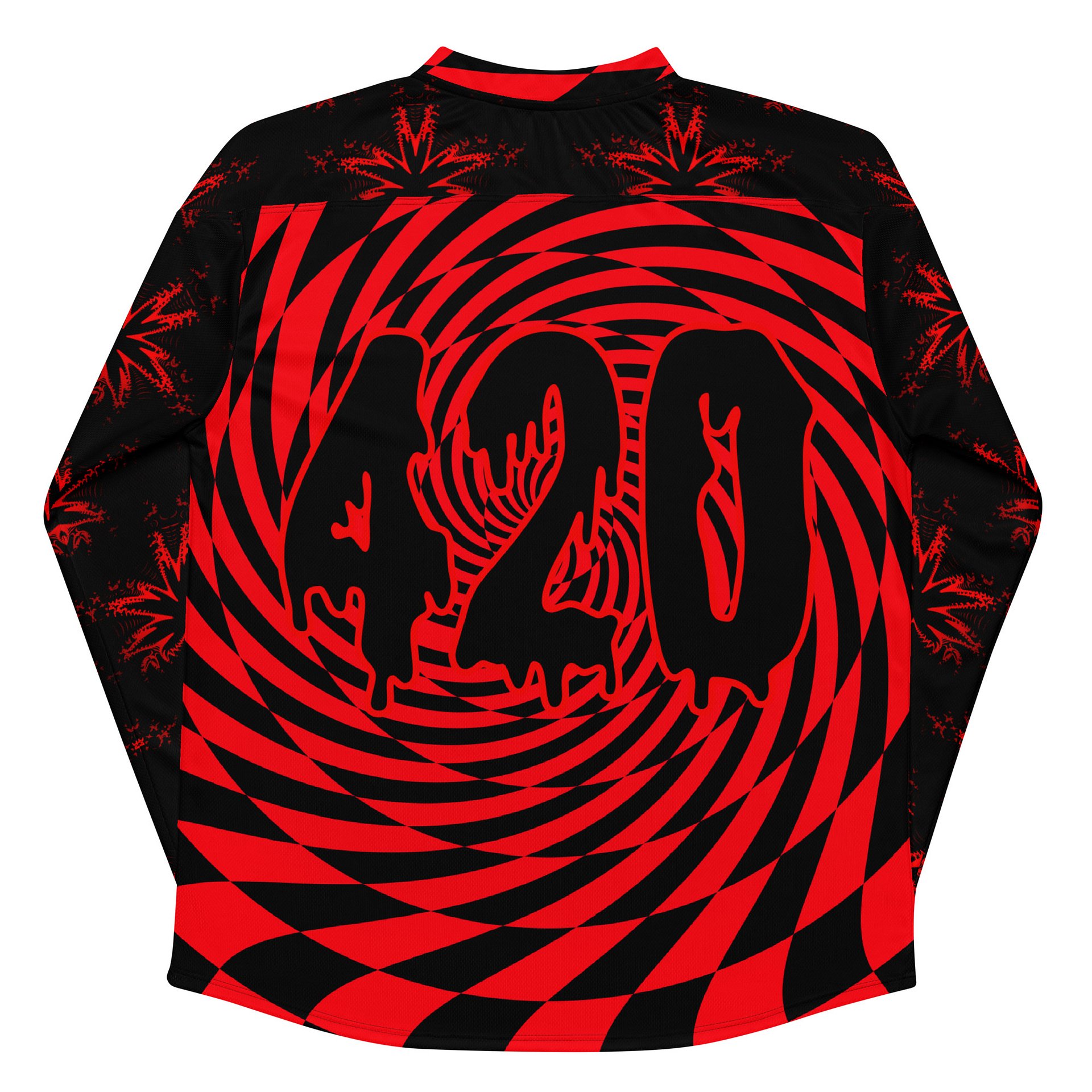 420 EDM Hockey Jersey, Black Red Cannabis Rave Shirt, Stoner Festival Fashion, Psychedelic Pot Leaf Clothes, Trippy Checkers Swirl Weed Top product image (8)
