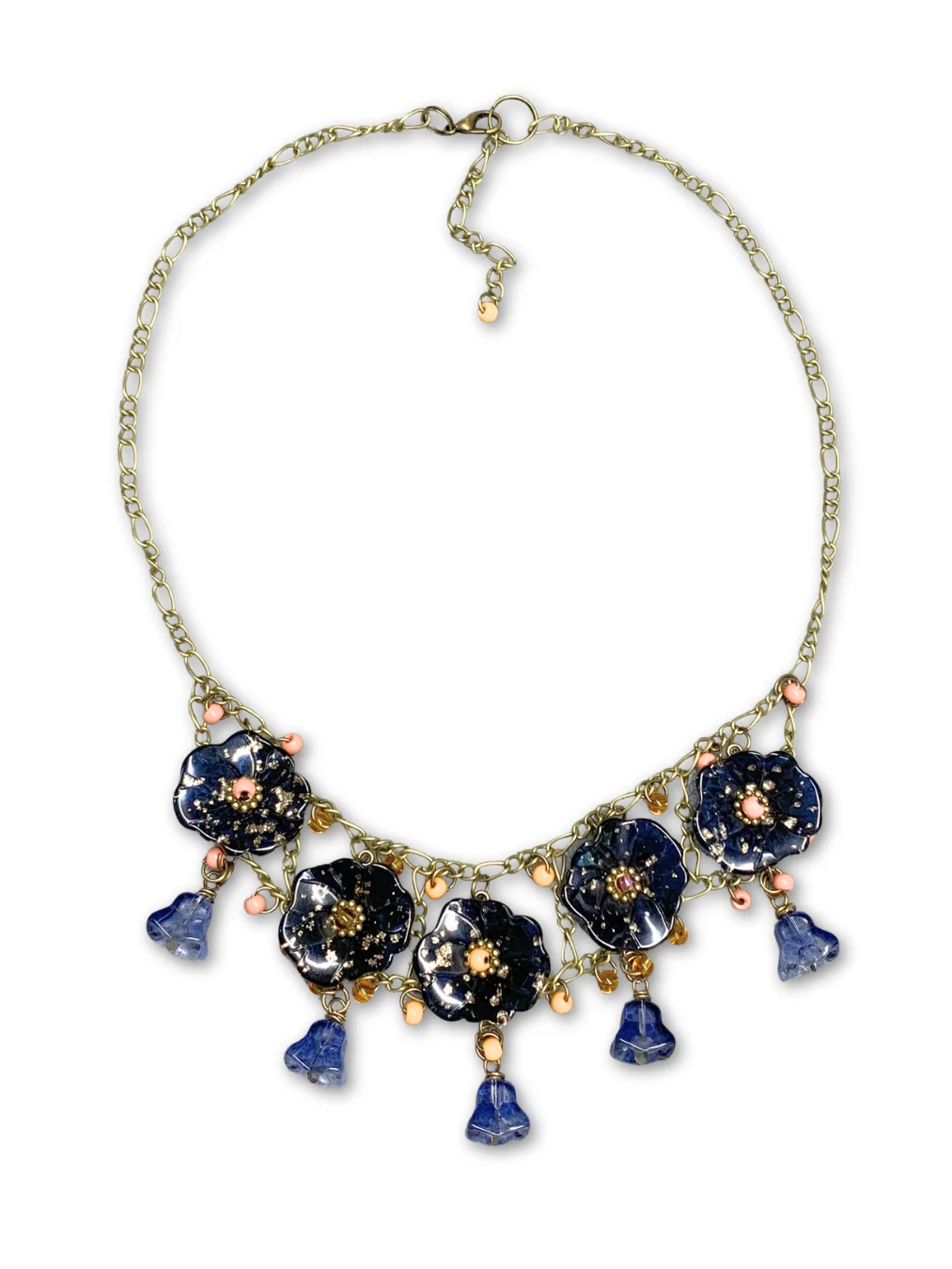 Beaded Glass Floral Statement Necklace on Chain - Blue product image (1)
