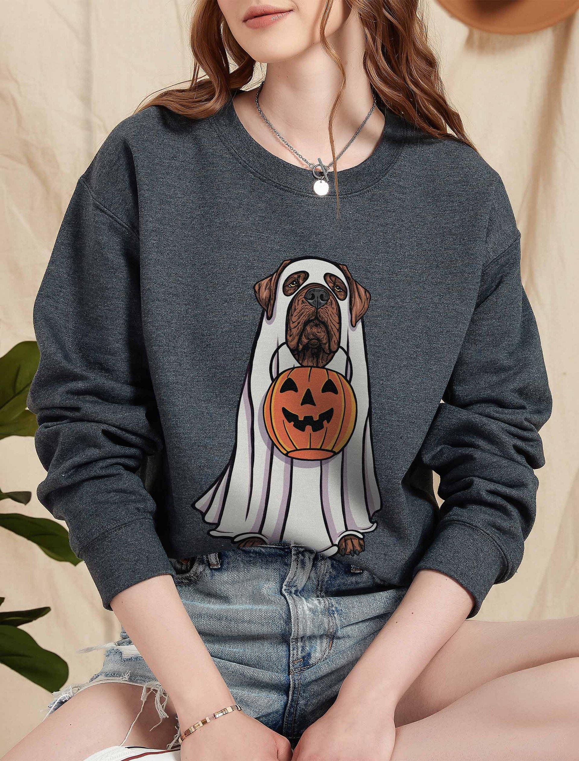 Funny Halloween Neapolitan Mastiff(Red) Sweatshirt | Funny Dog Wearing a Ghost Costume and Holding a Pumpkin Basket product image (2)