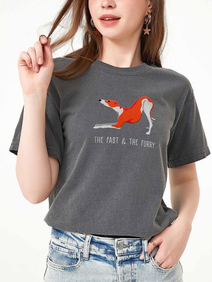 The Fast & The Furry T-Shirt(Embroidered) of an Italian Greyhound(Red & White) product image (2)