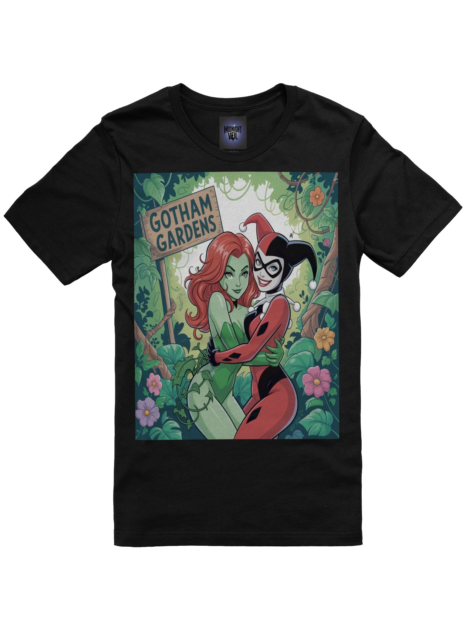 Gotham Gardens Embrace: Poison Ivy and Harley Quinn's Verdant Vines Graphic Tee product image (3)
