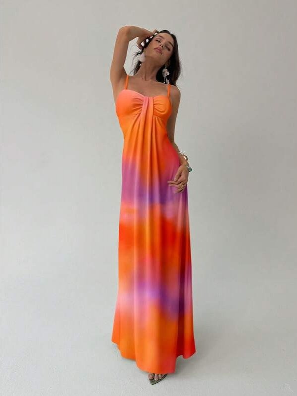 Aloruh Elegant Modest Sexy Tropical Burnt Orange Print Slip Dress For Summer Vacation, Suitable For Beach Vacation, Music Festival, Hawaii Holiday product image (1)
