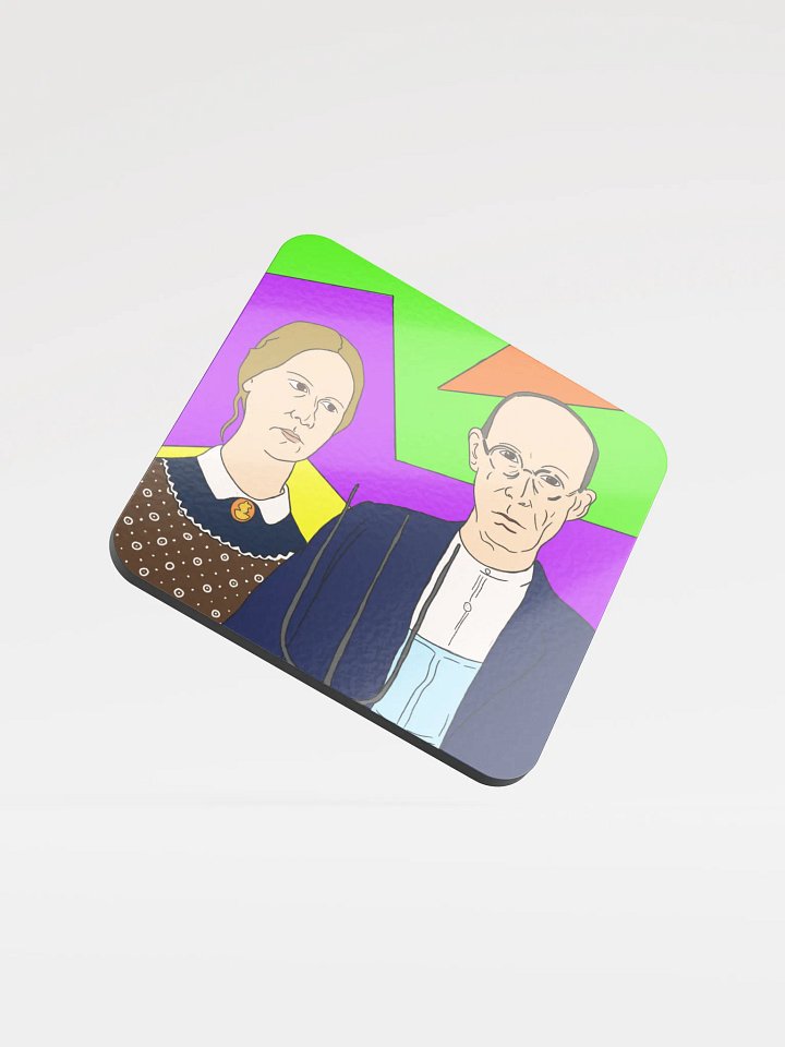 Neon American Gothic Coaster – Modern Cork Art with Retro Farmers product image (1)