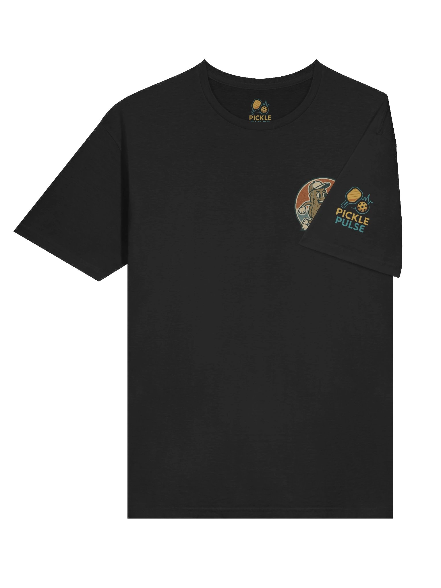 Funny Pickleball T-Shirt – Retro Pickle Character Playing with Paddle & Ball – Black Tee product image (6)