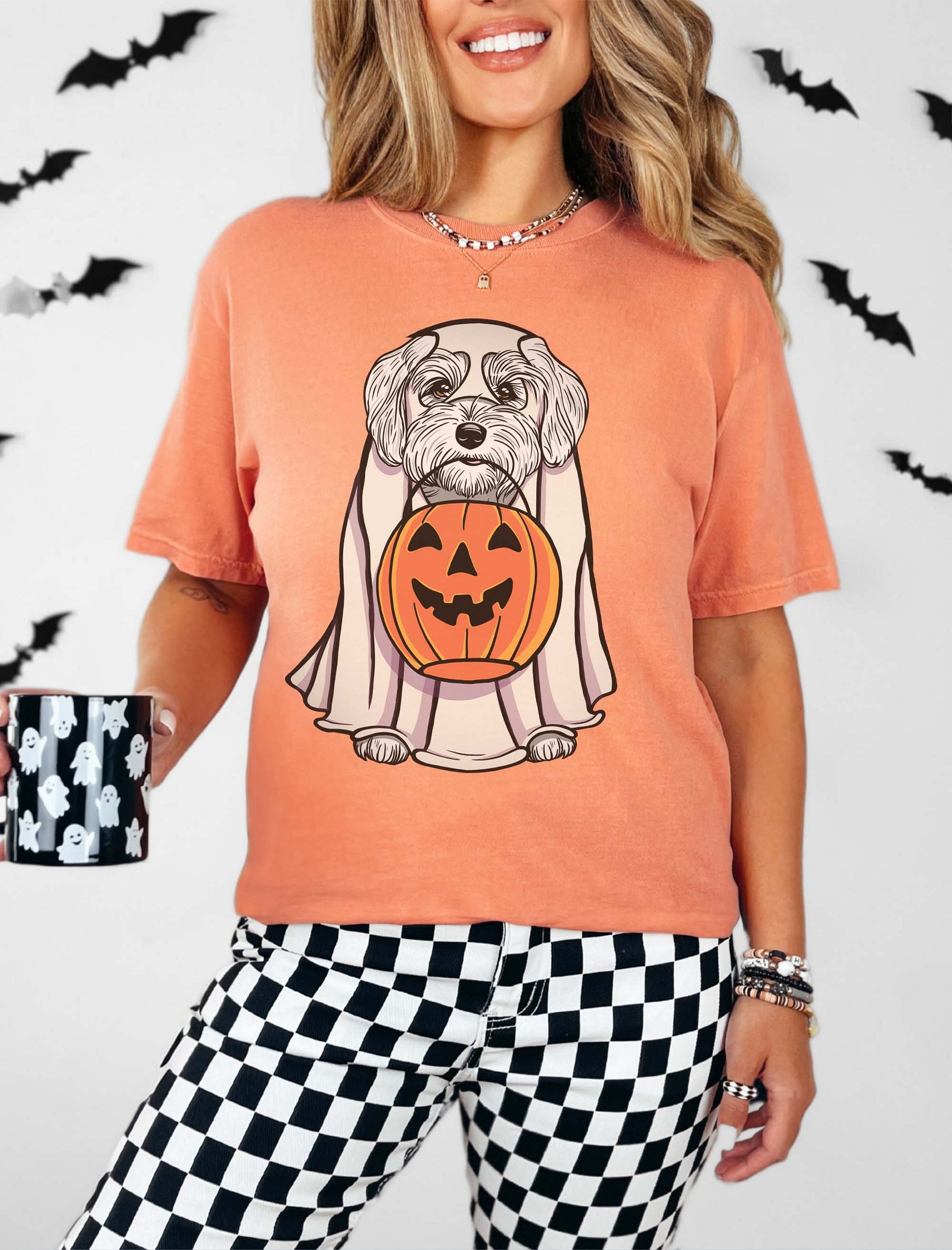 Funny Halloween Havanese(White) T-Shirt | Funny Havanese Wearing a Ghost Costume and Holding a Pumpkin Basket product image (2)