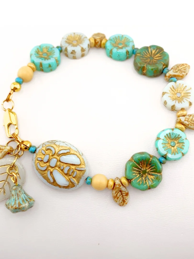 Beaded Floral and Leaves Czech Glass Bracelet - Turquoise and Cream product image (1)