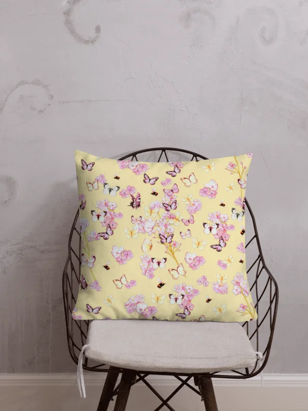 PINK BUTTERFLY GARDEN ON YELLOW SUMMER PILLOW product image (2)
