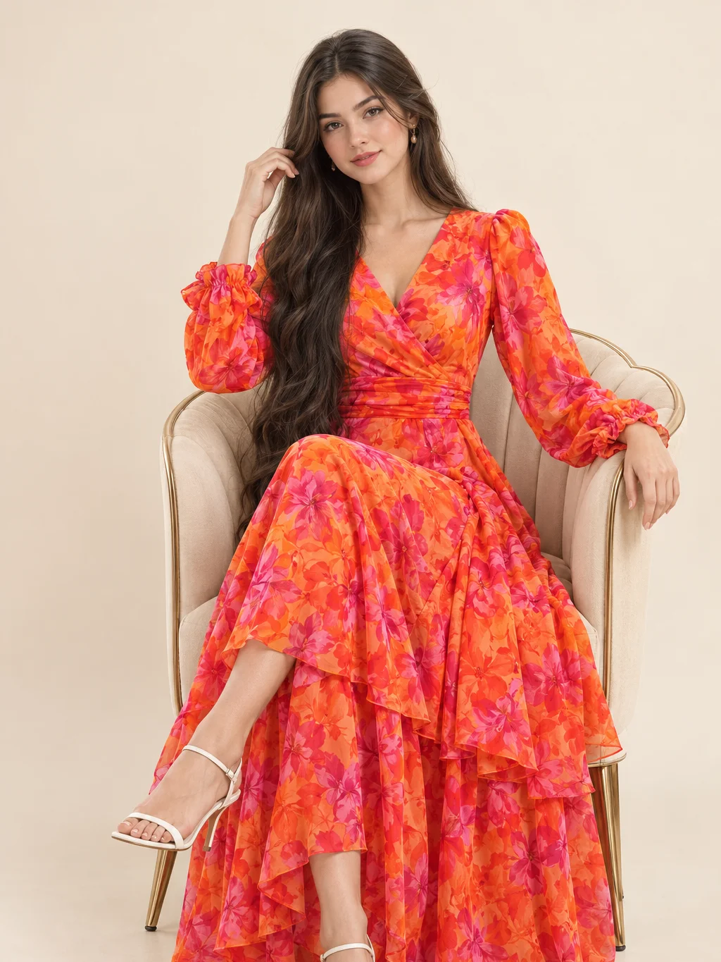 Amorya 2026 New Fashion Floral Print Ruffle Hem High Stretch Cinched Waist Long Dress, Vacation Dress, Pleated Dress, Floral Dress,Dresses For Women Summer product image (7)