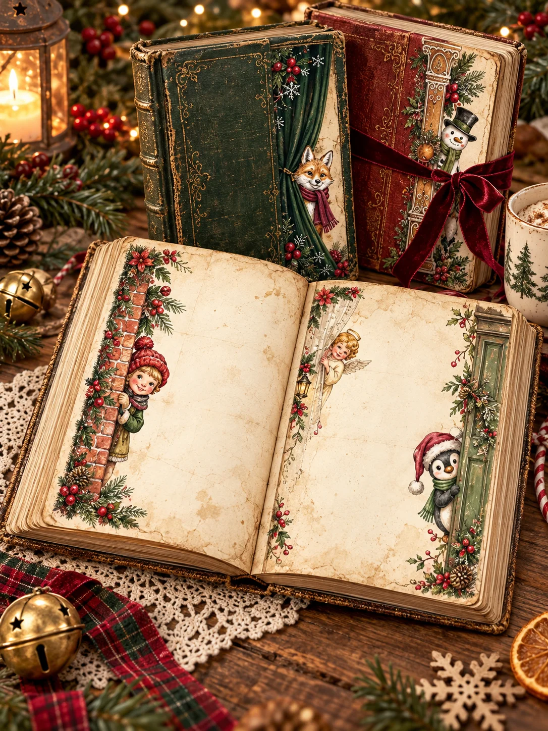 500 Christmas Peeking Junk Journal Pages, Whimsical Woodland Characters, Vintage Santa Ephemera, Printable Storybook Digital Papers, 300 DPI product image (8)