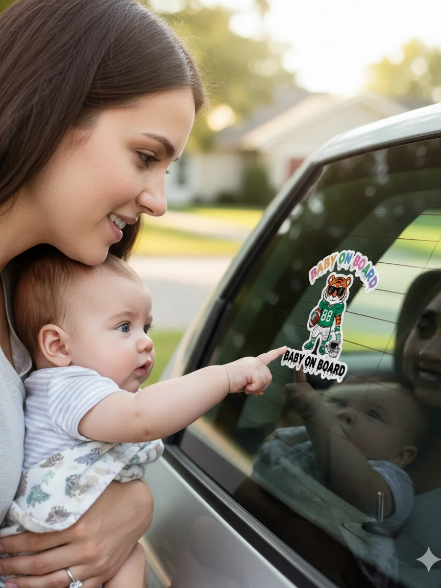 Funny Tiger Football Baby on Board Sticker - 5x5 Weatherproof Vinyl Car Decal - Cute Sporty Tiger Tailgate Decor - Premium Outdoor Grade Safety Sign for SUVs & Jeeps product image (4)