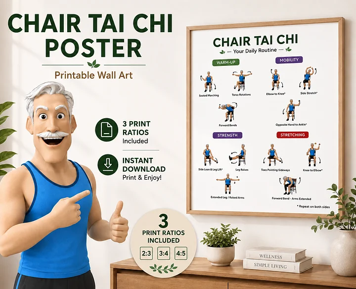 Chair Tai Chi Exercises Printable Wall Art | 12 Chair Exercises Poster | Senior Fitness PDF | Instant Download | 3 Print Ratios product image (1)