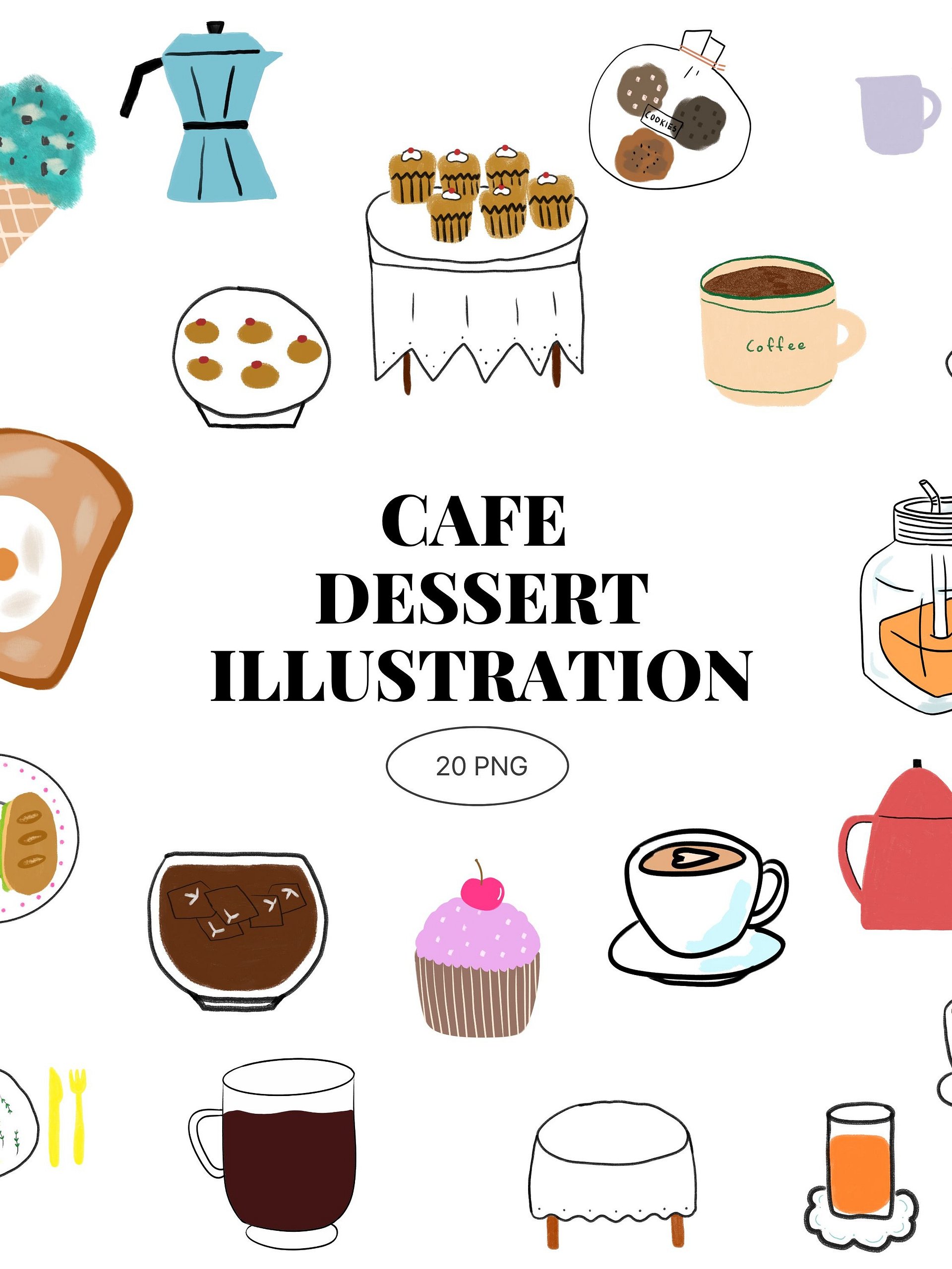 20 Hand-Drawn Cafe & Dessert PNG Clipart Bundle product image (1)