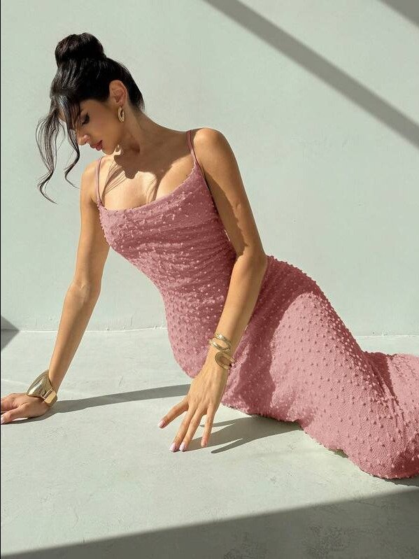 ADLEST Elegant Romantic Apricot Color Spaghetti Strap Gathered Waist Form-Fitting Textured Fabric Slit Maxi Dress, product image (5)