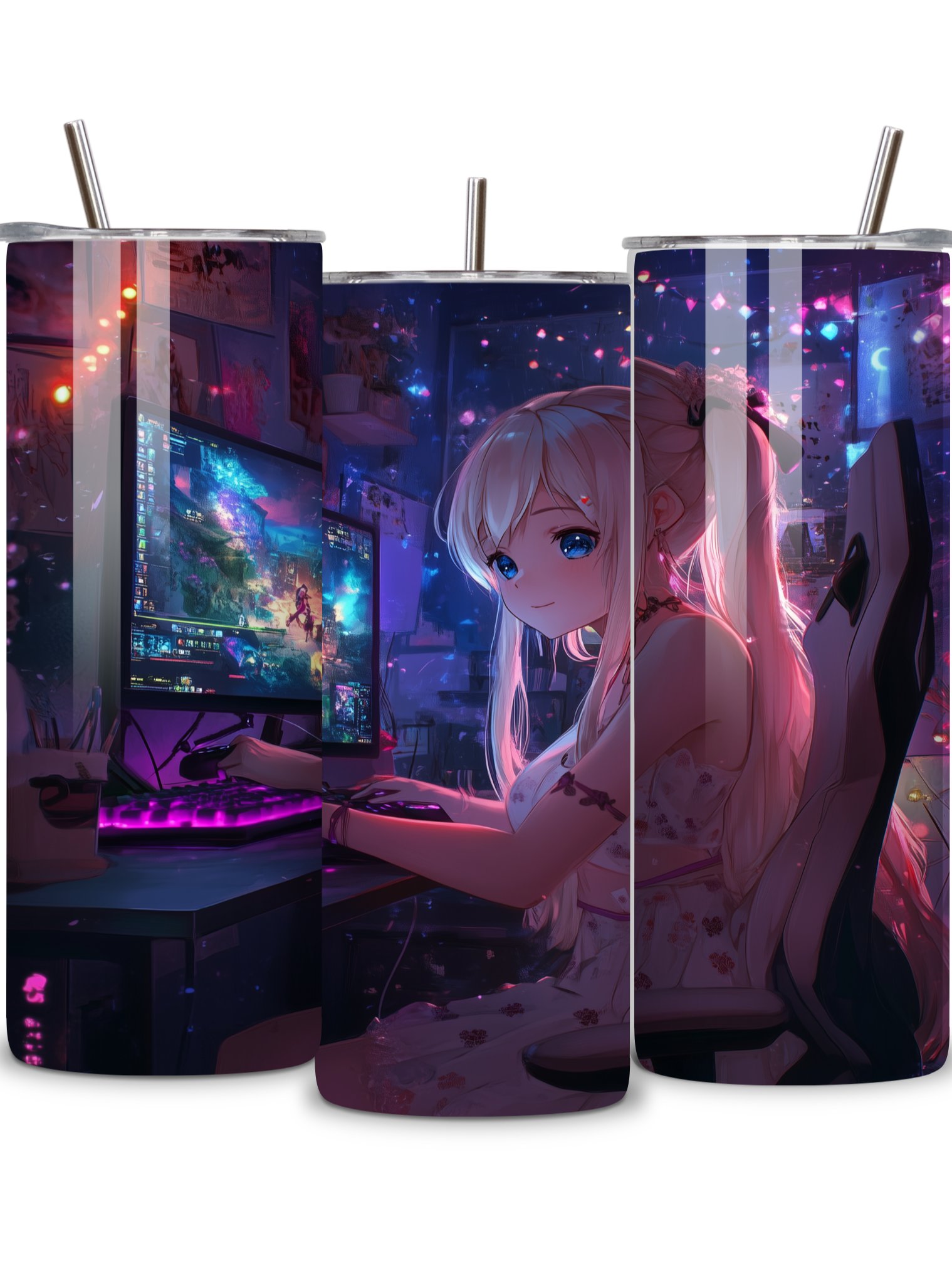 Anime Gamer Girl 20oz Skinny Tumbler with Metal Straw – Vibrant Gaming Setup Design – Double-Walled Insulated Stainless Steel Tumbler Gift for Anime and Gaming Fans (Anime Girl 4) product image (1)