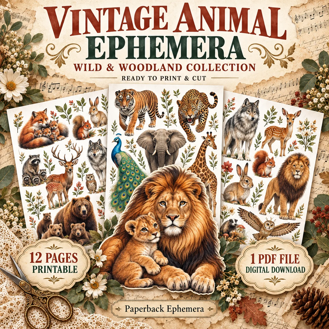 Animal Ephemera Printable PDF – 12 Woodland & Wild Animal Junk Journal Pages product image (1)