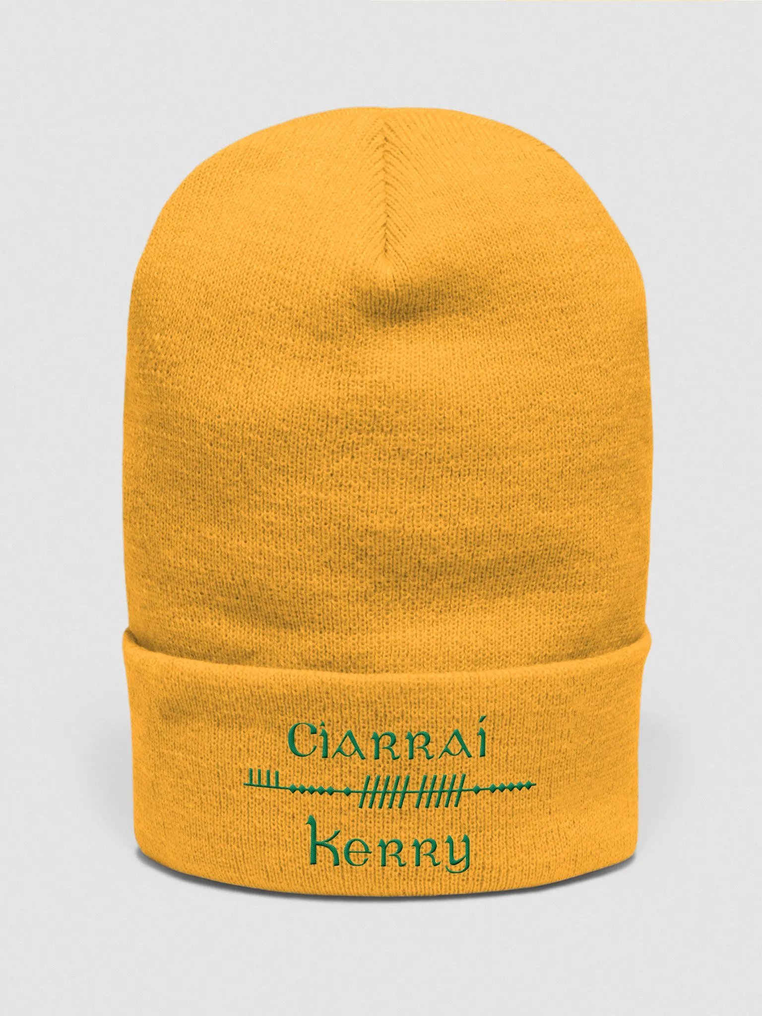 Kerry/Ciarraí Scholastic style Ogham, Gold with Green, embroidered Cuffed Beanie product image (1)