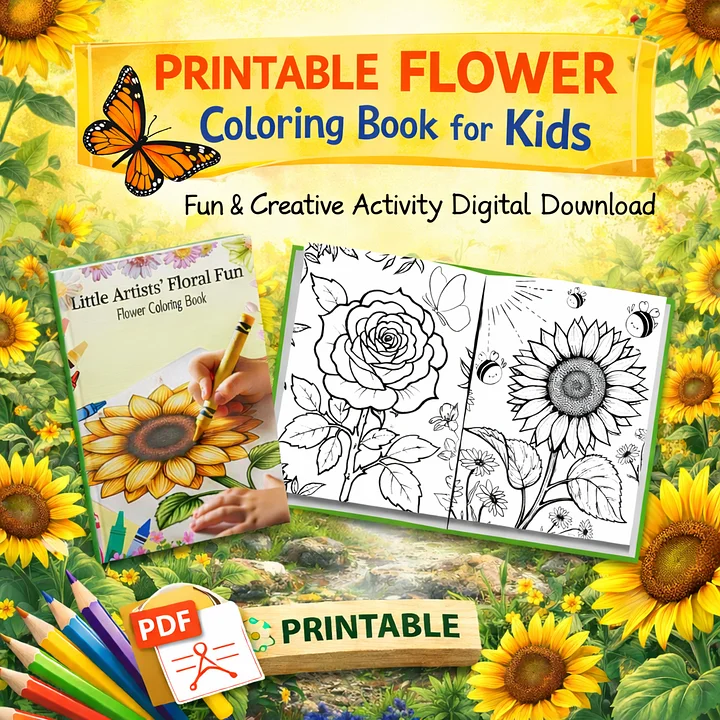 Flower Coloring Book for Kids | 30 Printable Coloring Pages | Instant Download + Freebies product image (1)