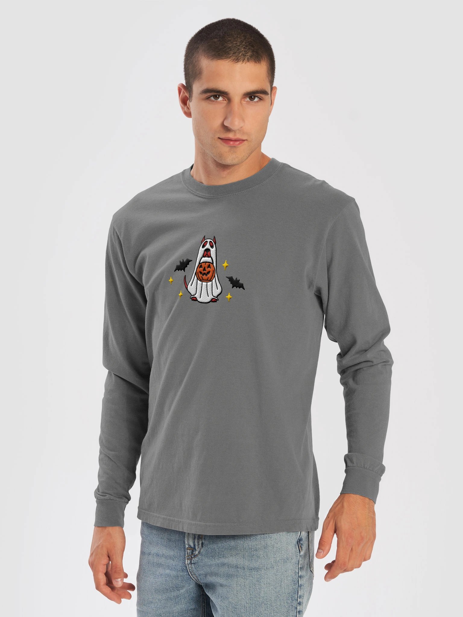 Halloween Pit Bull/ Staffordshire Terrier(Red, Cropped Ears) Embroidered Long-Sleeve T-Shirt product image (13)