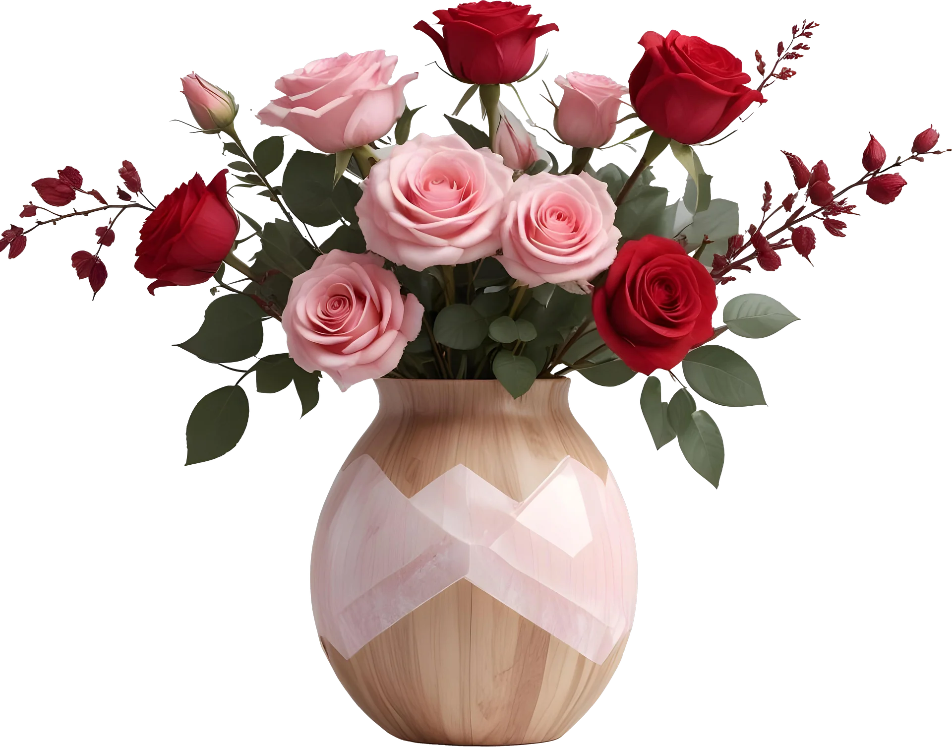 Romantic Wood and Rose Quartz Vase with Elegant Rose Bouquet PNG product image (1)