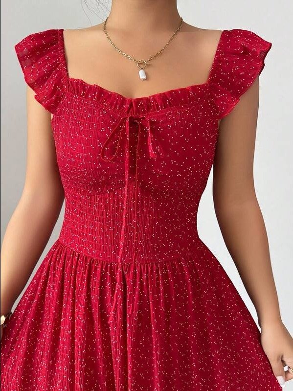 ADLEST French Elegant Casual Vacation Square Neck Lotus Leaf Flying Sleeves Polka Dot Print Texture Plaid Woven Chiffon Material Back Tie Pleated Large Skirt Spring And Summer Red Women Dress Summer product image (8)