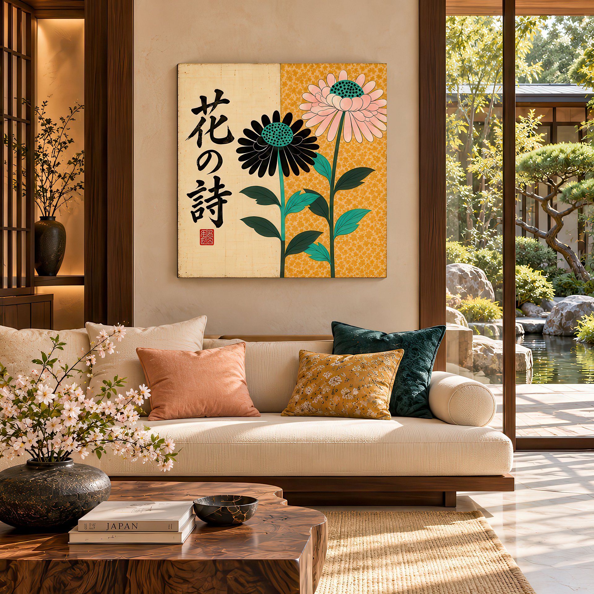 Hana no Uta | Japanese Floral Modernist | Birch Wood Art Panel | Wall Decor | 24×24″ (60x60 cm) product image (5)