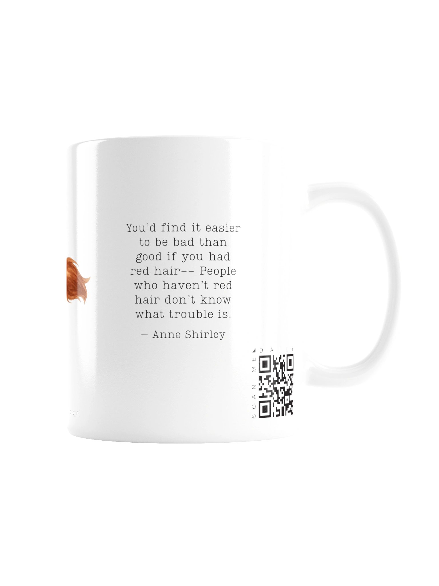 <i>About Red</i> • QR Mug<br /> With 160 Daily Quotes<br /> <small>Quotes from beloved novel<br />Anne of Green Gables (1908)</small> product image (2)