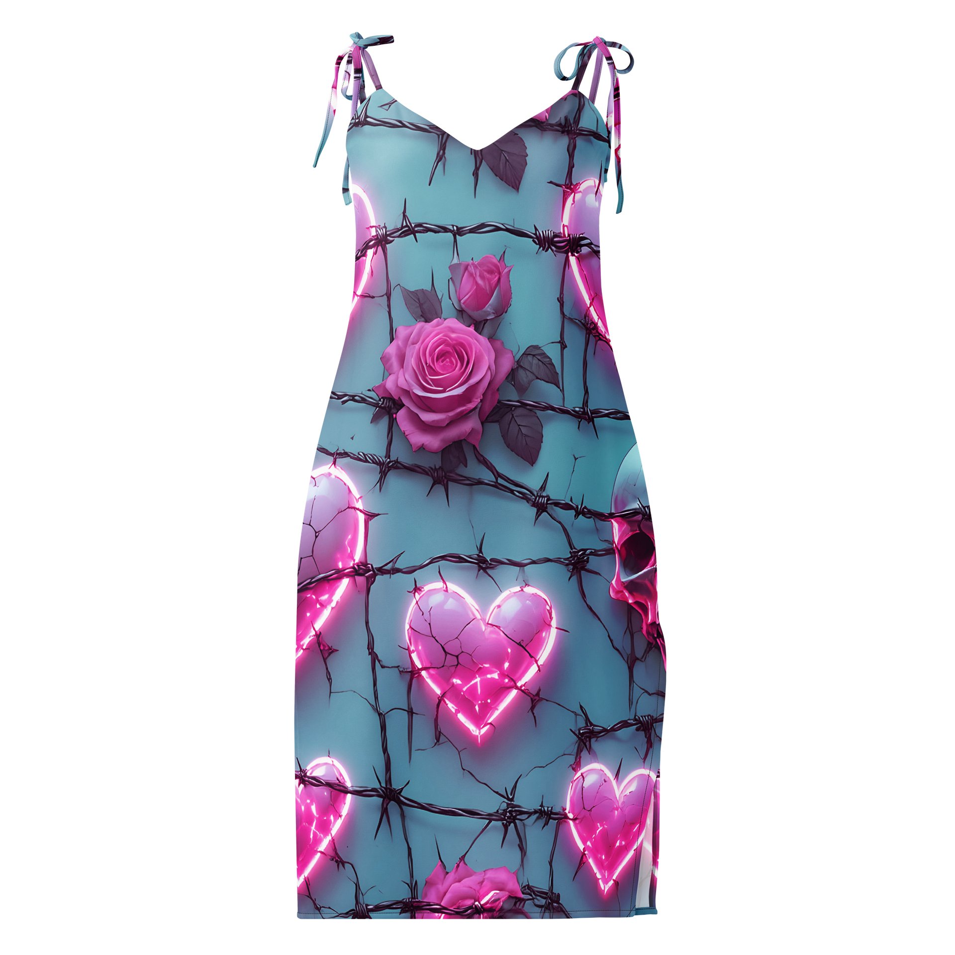 Neon Barbed Rose Heart Midi Slip Dress - Glow Pink Shattered Hearts & Roses Chiffon Halter Dress with Slit product image (1)