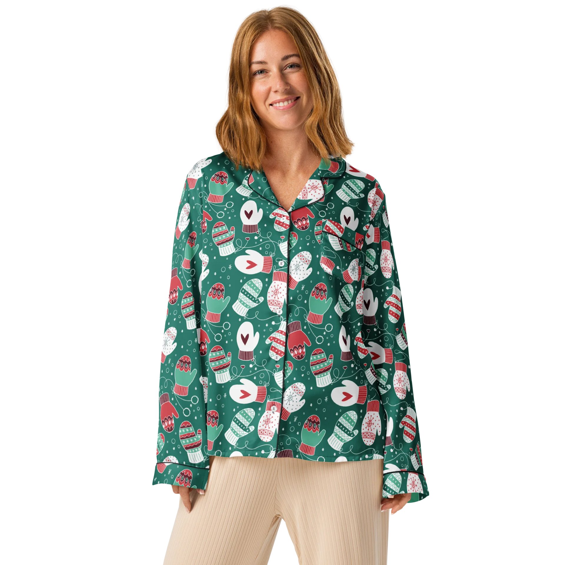 Festive Winter Mittens Pattern (Red & Green) Pyjama Shirt product image (2)