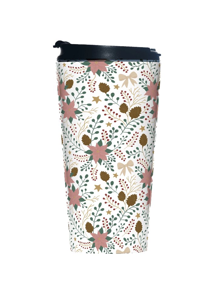 Stainless steel travel mug enchanted forest blooms. Botanical Christmas travel mug with poinsettias and winter florals product image (1)