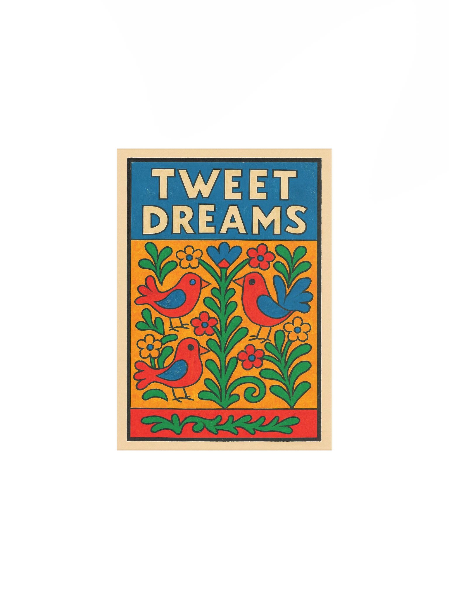 Tweet Dreams Poster – Red Birds & Folk Florals on Color Block Canvas – by M-Art & Design - Printed Poster product image (2)