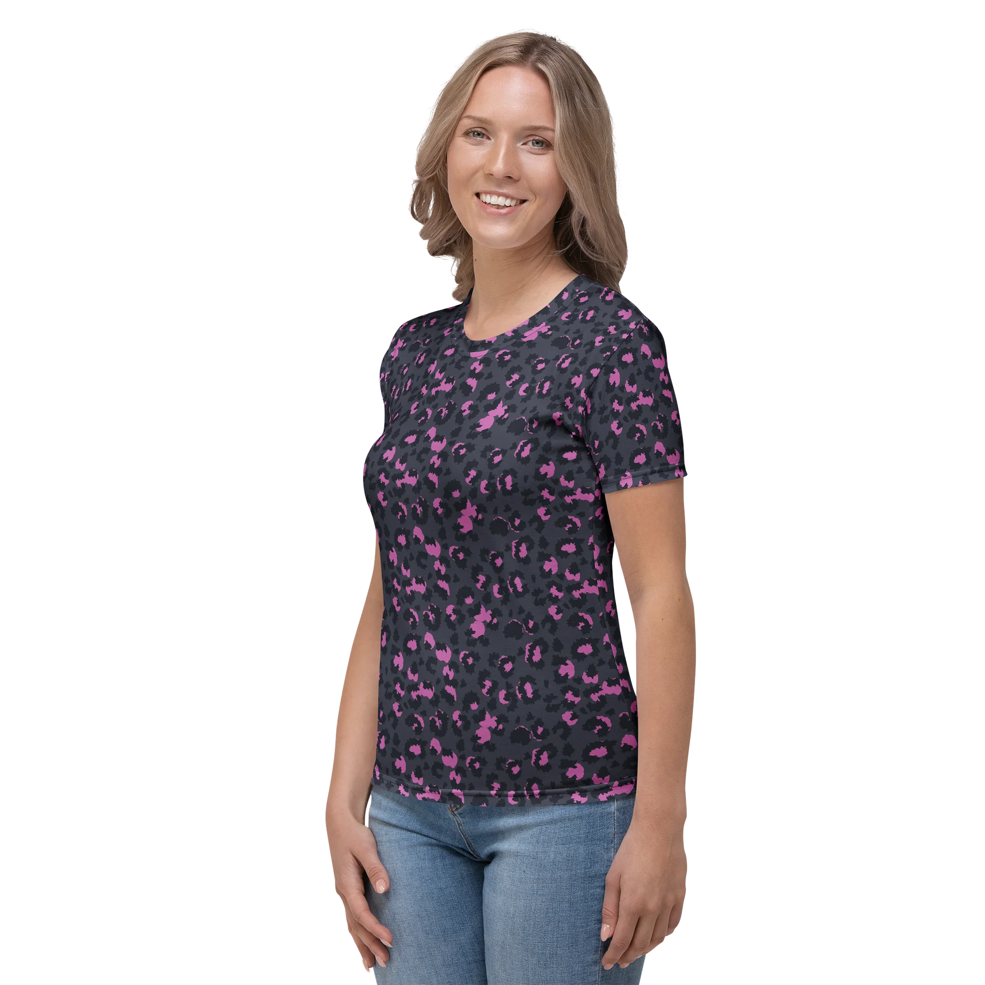 Pink Leopard Print Women's Crew Neck T-Shirt product image (3)