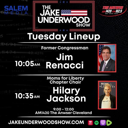 Tomorrow on The Jake Underwood Show

We’ve got a strong Tuesday lineup you don’t want to miss.

At 10:05 AM — Former Congress...