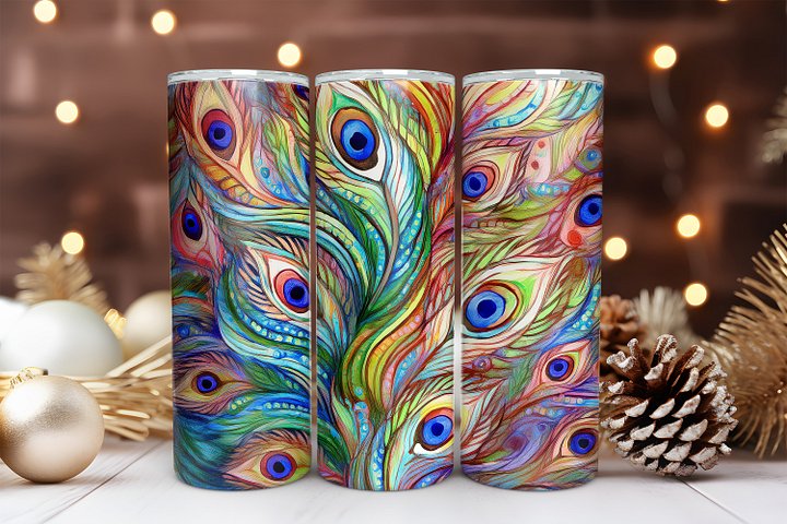 Peacock Feathers 20 oz Skinny Tumbler Sublimation Design Digital Download PNG Instant DIGITAL ONLY, Vintage Peacock Feathers Tumbler Wrap product image (1)