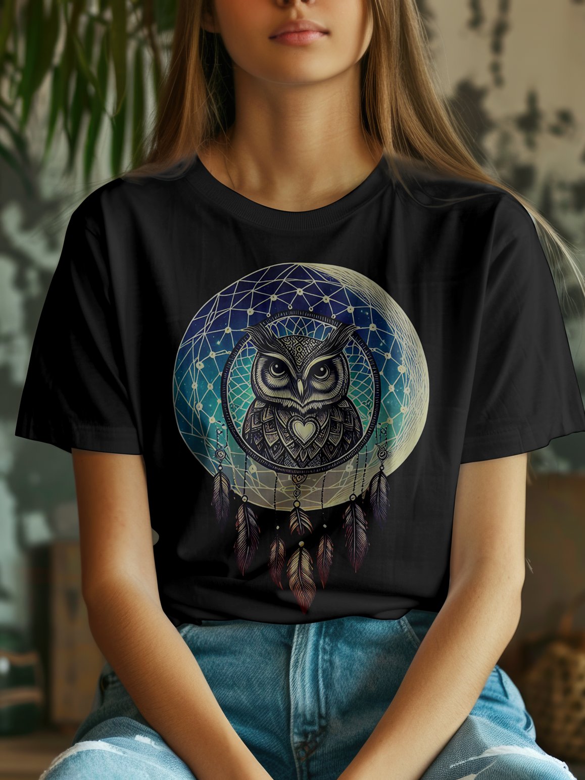 🌙 Lunar Owl Dreamcatcher T-Shirt – Mystical Moon & Feathers Design | Celestial Boho Spirit Animal Tee product image (2)