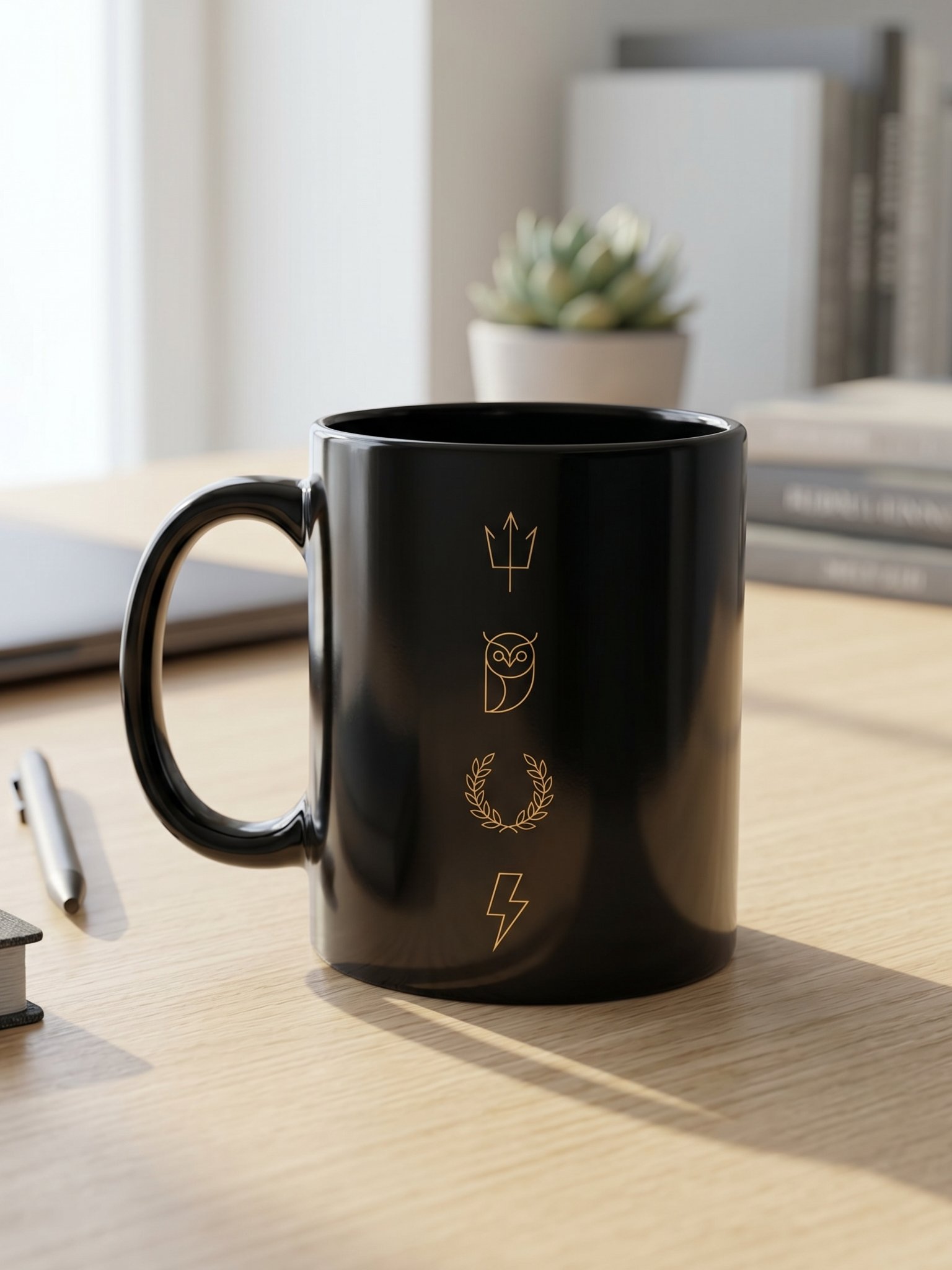 Greek Mythology Symbol Mug – Minimal Trident, Owl & Laurel Design in Black & Gold product image (5)