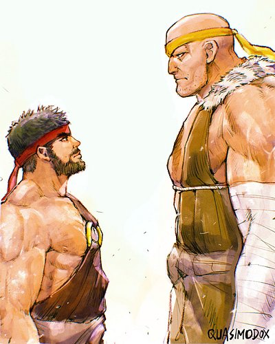 Ryu x Sagat, Street Fighter 6
“When's the last time you cleaned that headband?”
“How's the scar?”