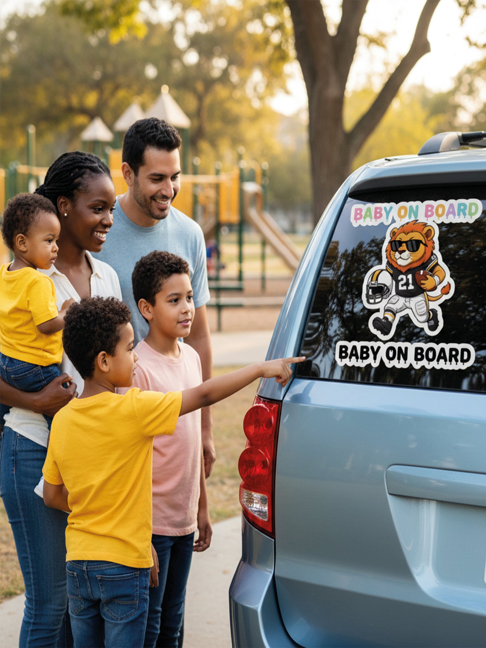 Funny Lion Football Baby on Board Sticker - 5x5 Weatherproof Vinyl Car Decal - Cute Sporty Lion Tailgate Decor - Premium Outdoor Grade Safety Sign for SUVs & Jeeps product image (4)